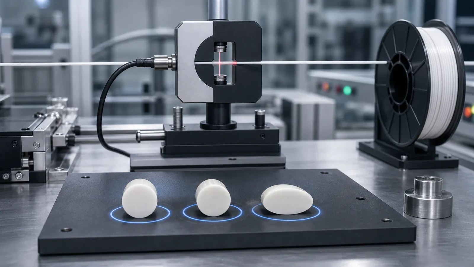 Лазерний контроль діаметра філаменту та три збільшені перерізи: круглий, зі зміною діаметра й овальний