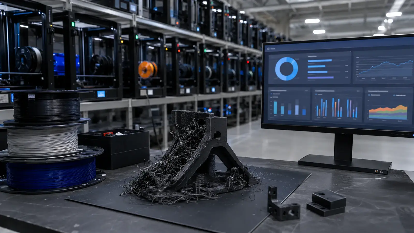 Промислова ферма 3D-принтерів, котушки філаменту, браковані деталі та схема розрахунку TCO