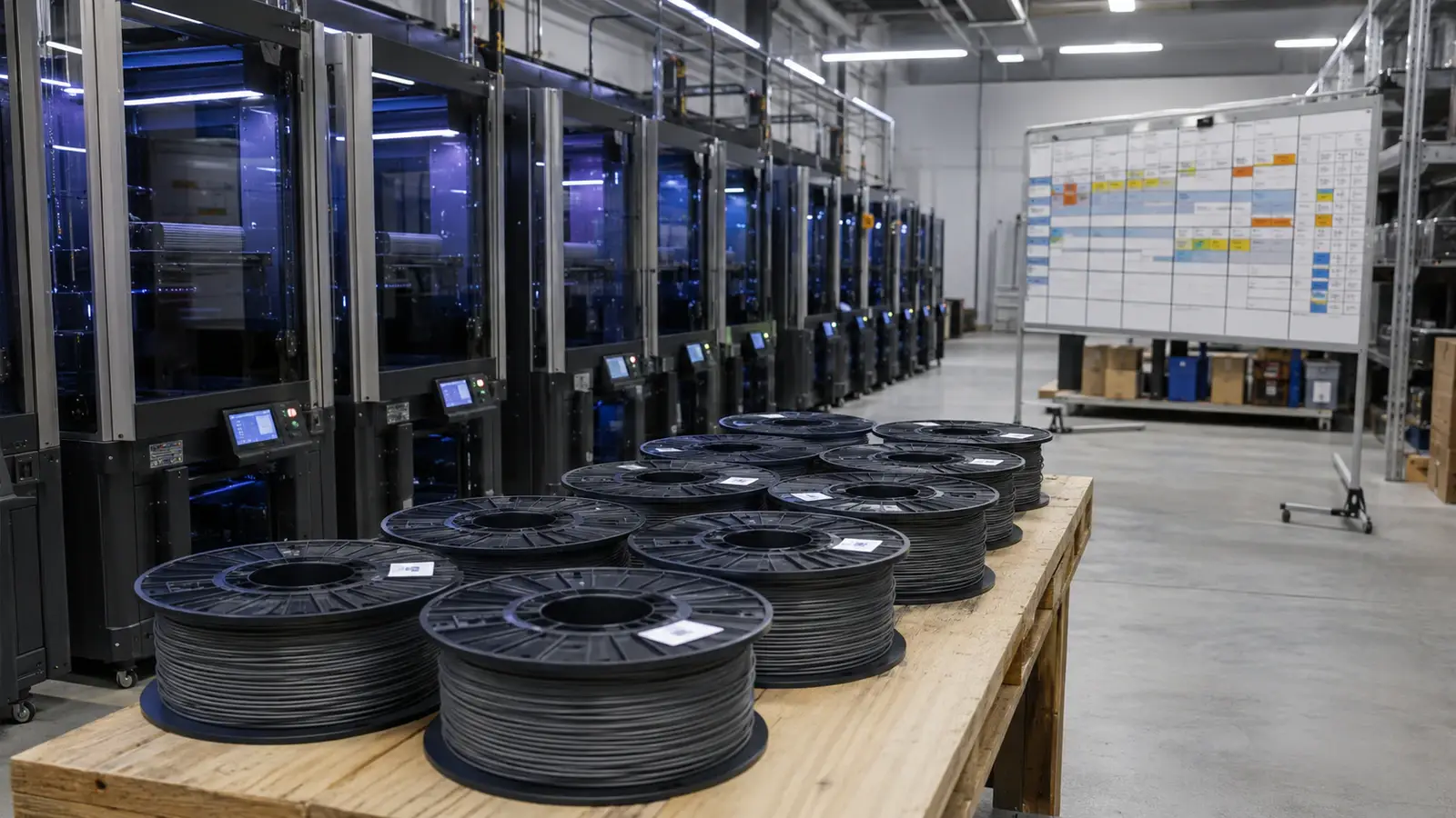 Котушки філаменту однієї виробничої партії біля ряду 3D-принтерів на друк-фермі